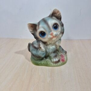 Vintage Ceramic Kitten Figurine Blue Eyes Gray Tabby Japan Kitten Grass Flowers